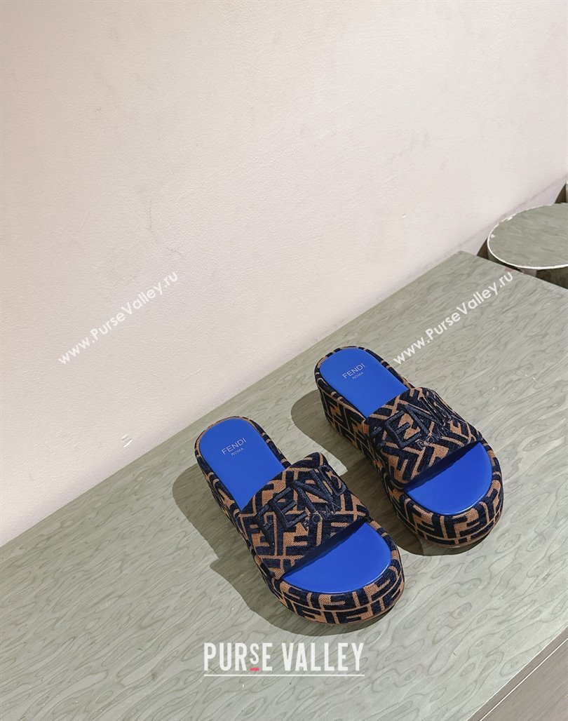 Fendi Sunshine Platform Slides Sandal 6cm in FF Fabric Sky Blue 2025 0426 (MD-250426004)