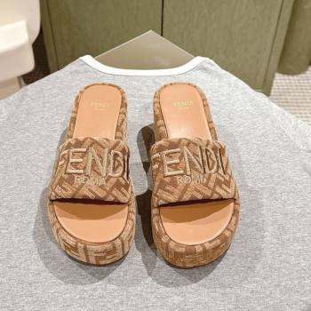 Fendi Sunshine Platform Slides Sandal 6cm in FF Fabric Apricot 2025 0426 (MD-250426006)