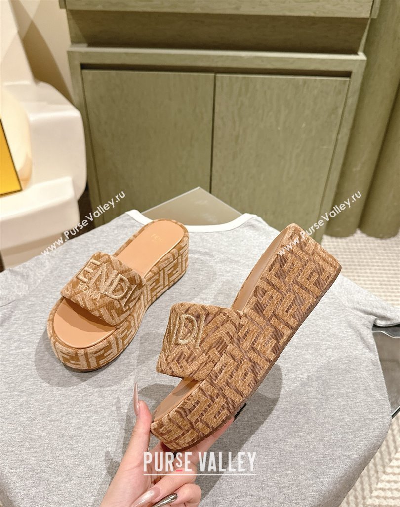 Fendi Sunshine Platform Slides Sandal 6cm in FF Fabric Apricot 2025 0426 (MD-250426006)