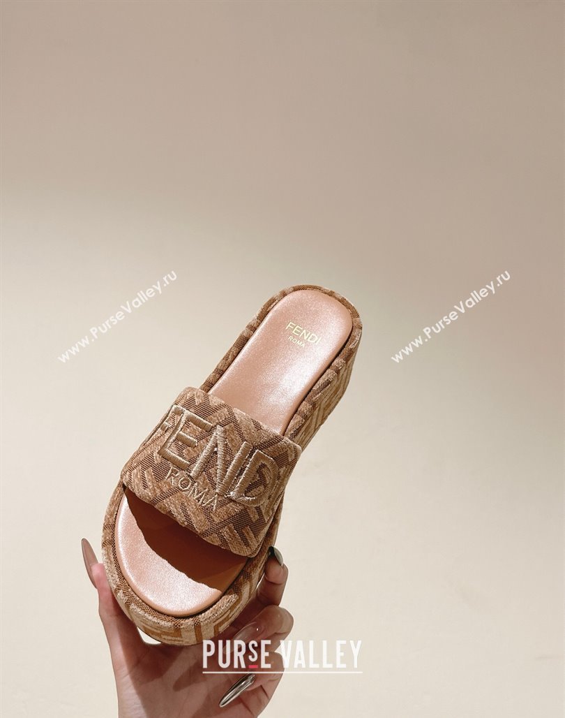 Fendi Sunshine Platform Slides Sandal 6cm in FF Fabric Apricot 2025 0426 (MD-250426006)