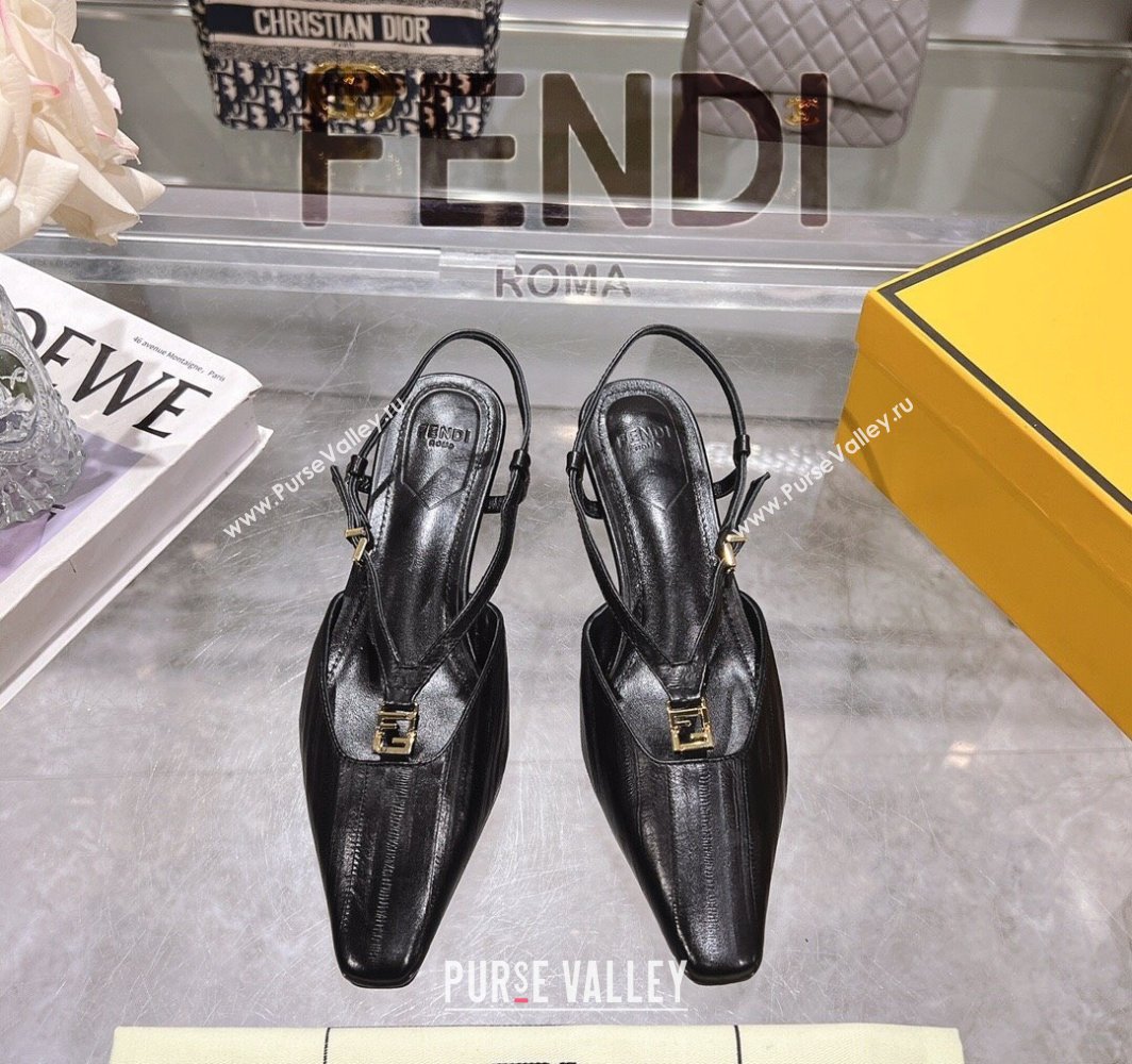 Fendi FFold Slingbacks Heeled Sandals 5cm in Eel Emboosed Leather Black 2025 (MD-250425144)