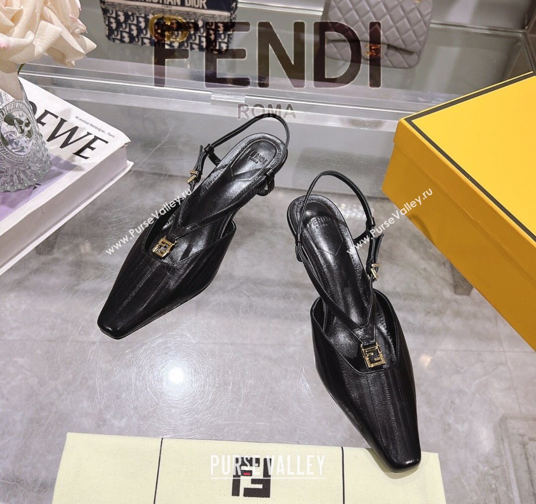 Fendi FFold Slingbacks Heeled Sandals 5cm in Eel Emboosed Leather Black 2025 (MD-250425144)