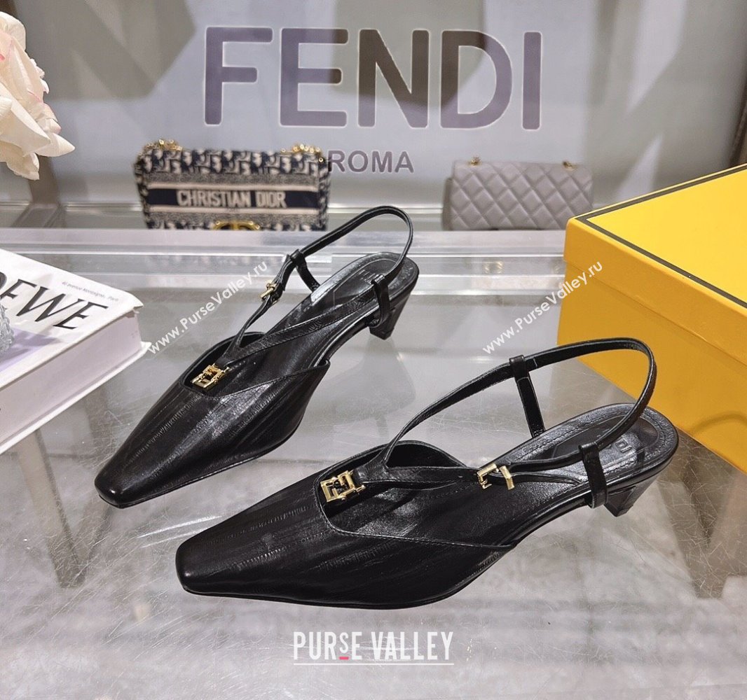 Fendi FFold Slingbacks Heeled Sandals 5cm in Eel Emboosed Leather Black 2025 (MD-250425144)