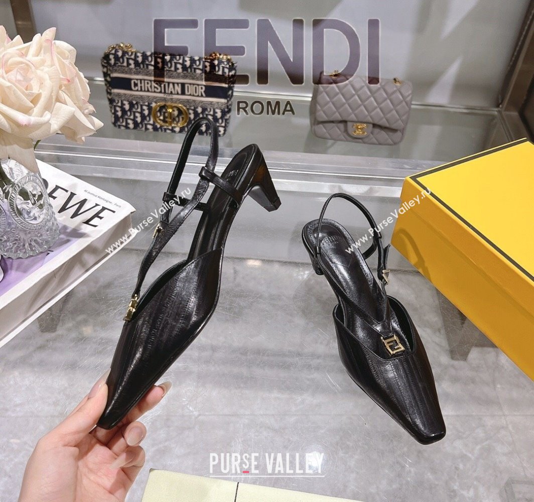 Fendi FFold Slingbacks Heeled Sandals 5cm in Eel Emboosed Leather Black 2025 (MD-250425144)