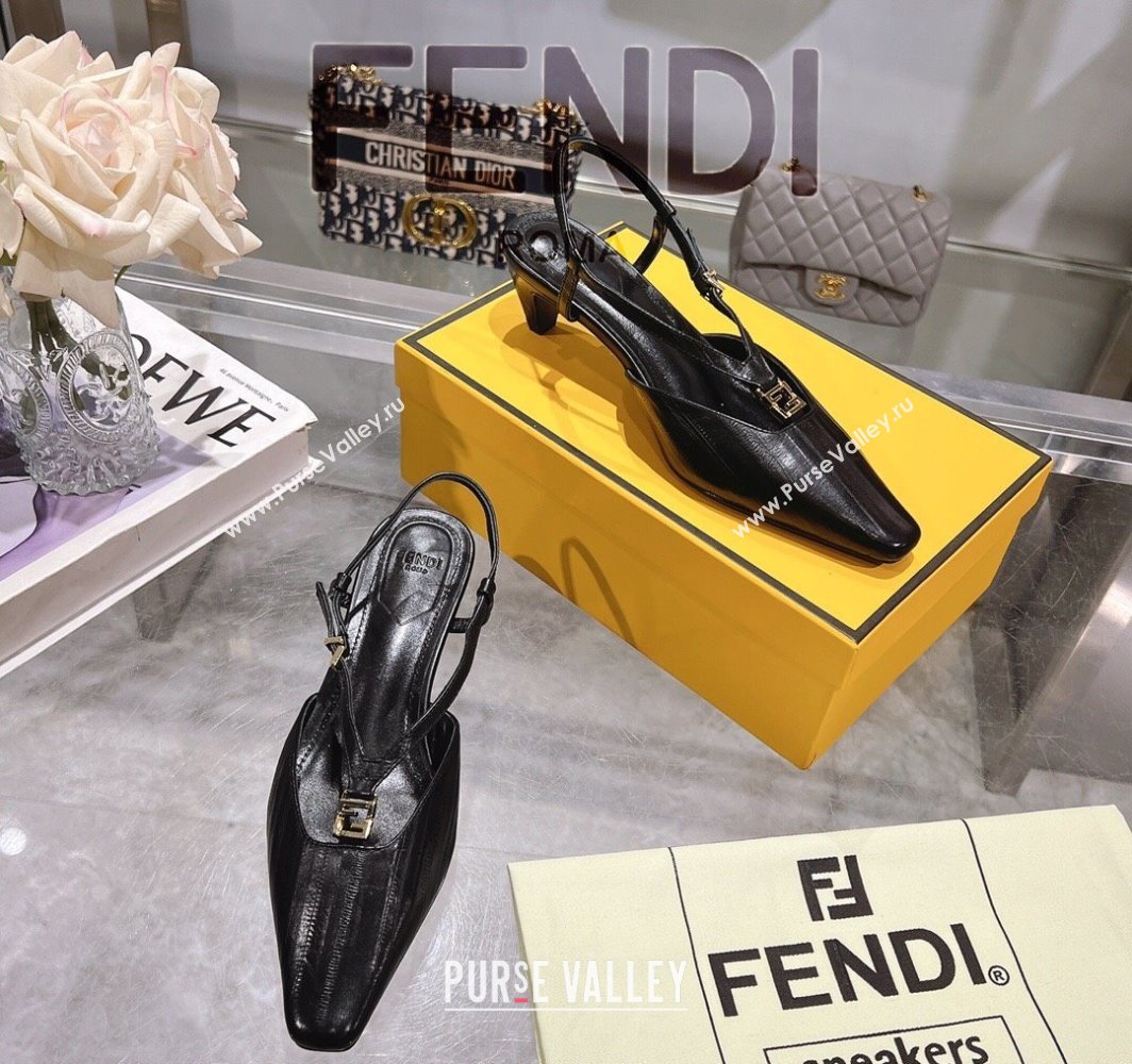 Fendi FFold Slingbacks Heeled Sandals 5cm in Eel Emboosed Leather Black 2025 (MD-250425144)