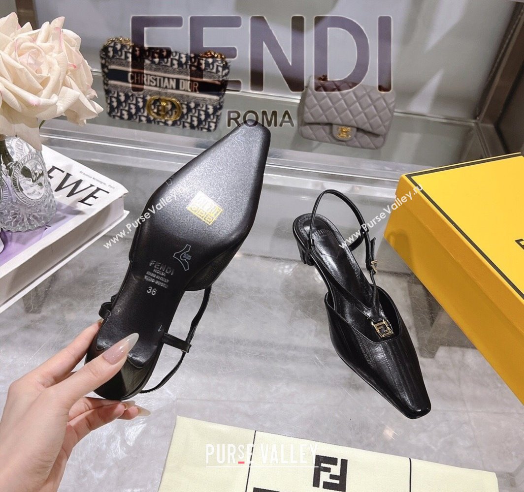 Fendi FFold Slingbacks Heeled Sandals 5cm in Eel Emboosed Leather Black 2025 (MD-250425144)