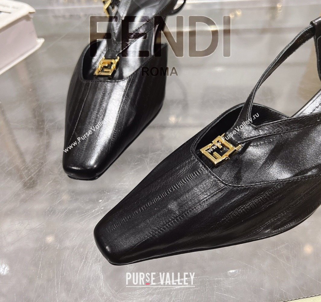 Fendi FFold Slingbacks Heeled Sandals 5cm in Eel Emboosed Leather Black 2025 (MD-250425144)