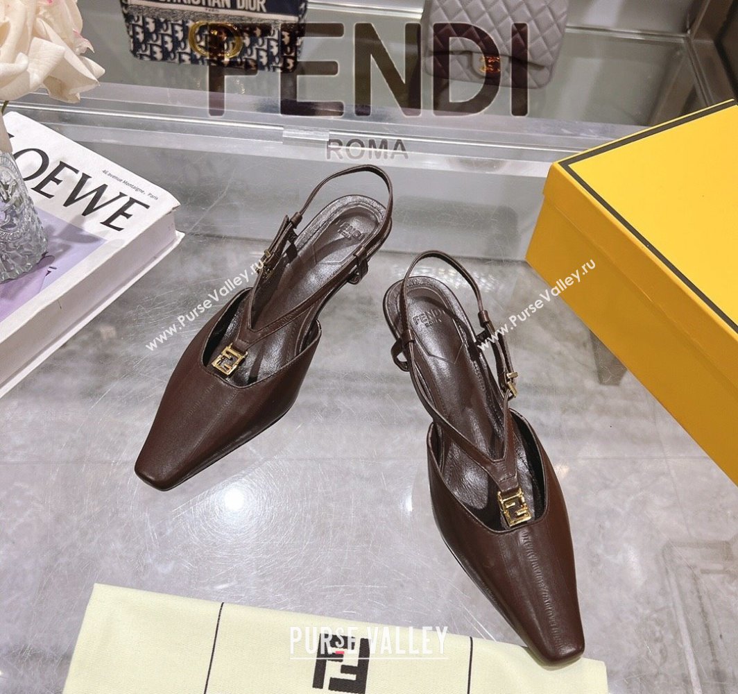 Fendi FFold Slingbacks Heeled Sandals 5cm in Eel Emboosed Leather Brown 2025 (MD-250425148)