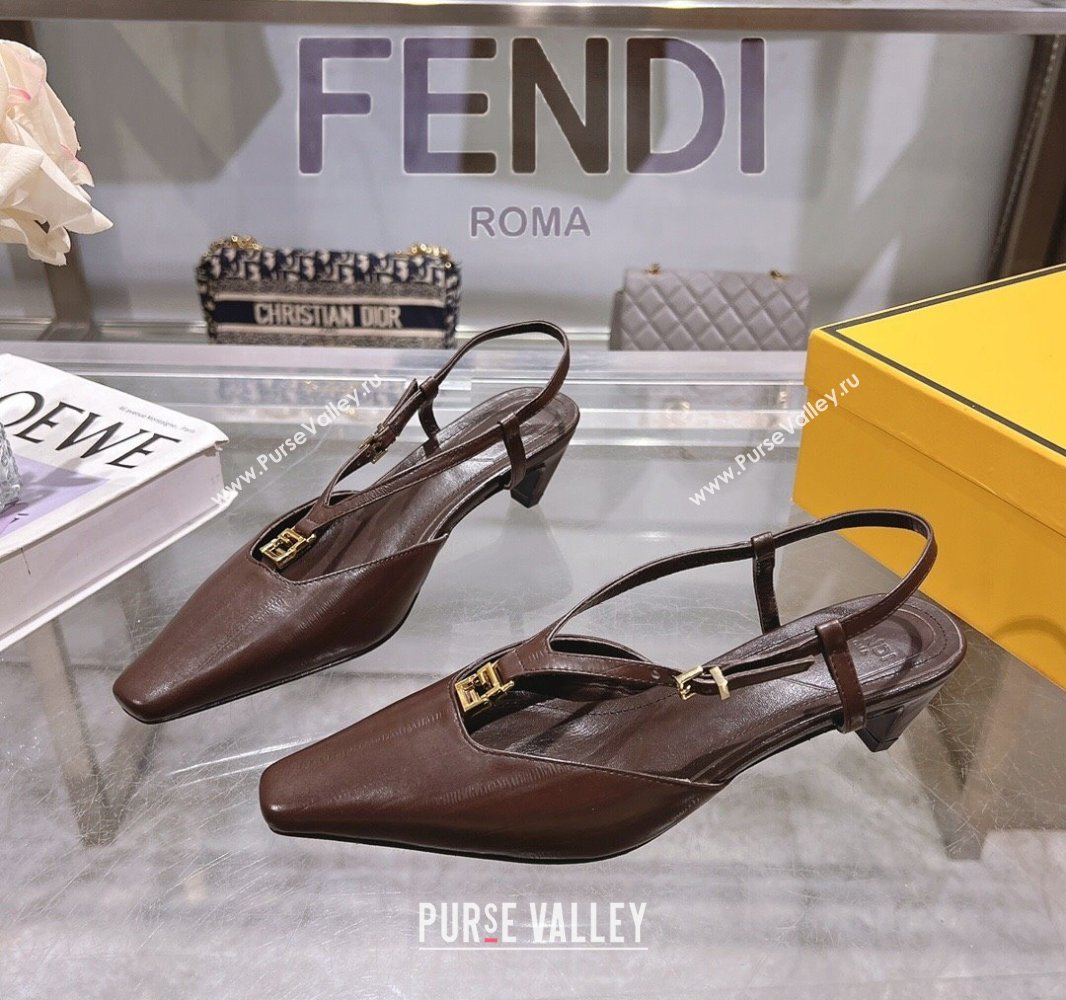 Fendi FFold Slingbacks Heeled Sandals 5cm in Eel Emboosed Leather Brown 2025 (MD-250425148)