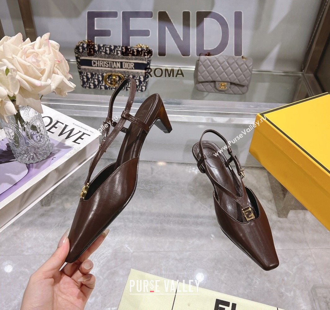 Fendi FFold Slingbacks Heeled Sandals 5cm in Eel Emboosed Leather Brown 2025 (MD-250425148)