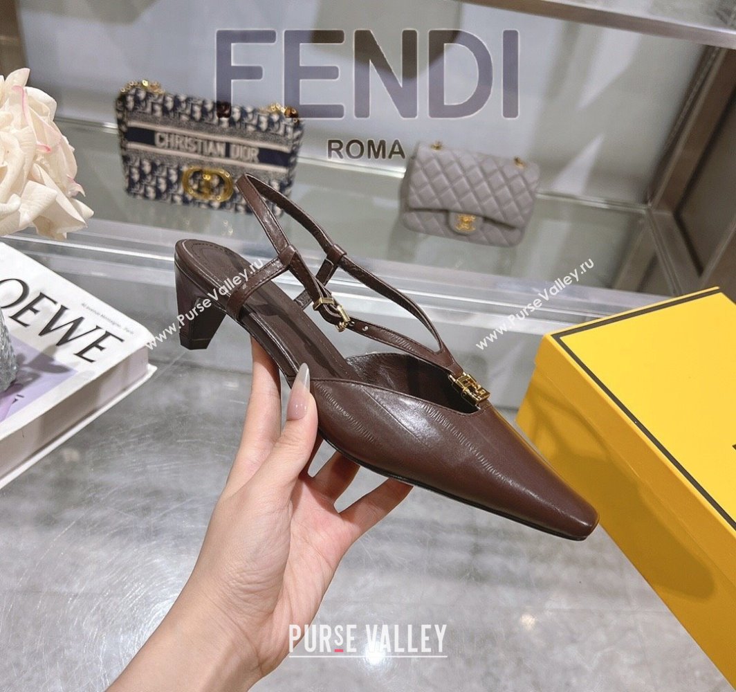 Fendi FFold Slingbacks Heeled Sandals 5cm in Eel Emboosed Leather Brown 2025 (MD-250425148)
