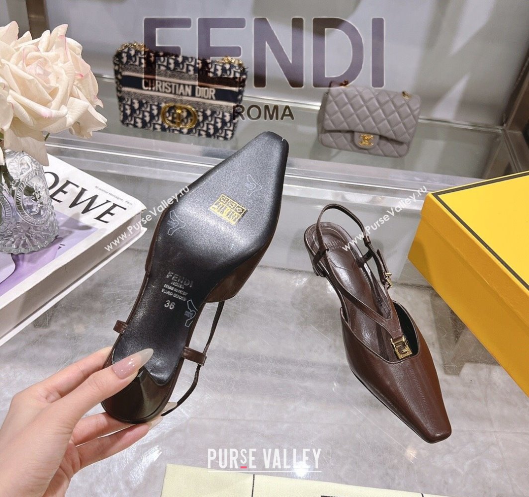 Fendi FFold Slingbacks Heeled Sandals 5cm in Eel Emboosed Leather Brown 2025 (MD-250425148)