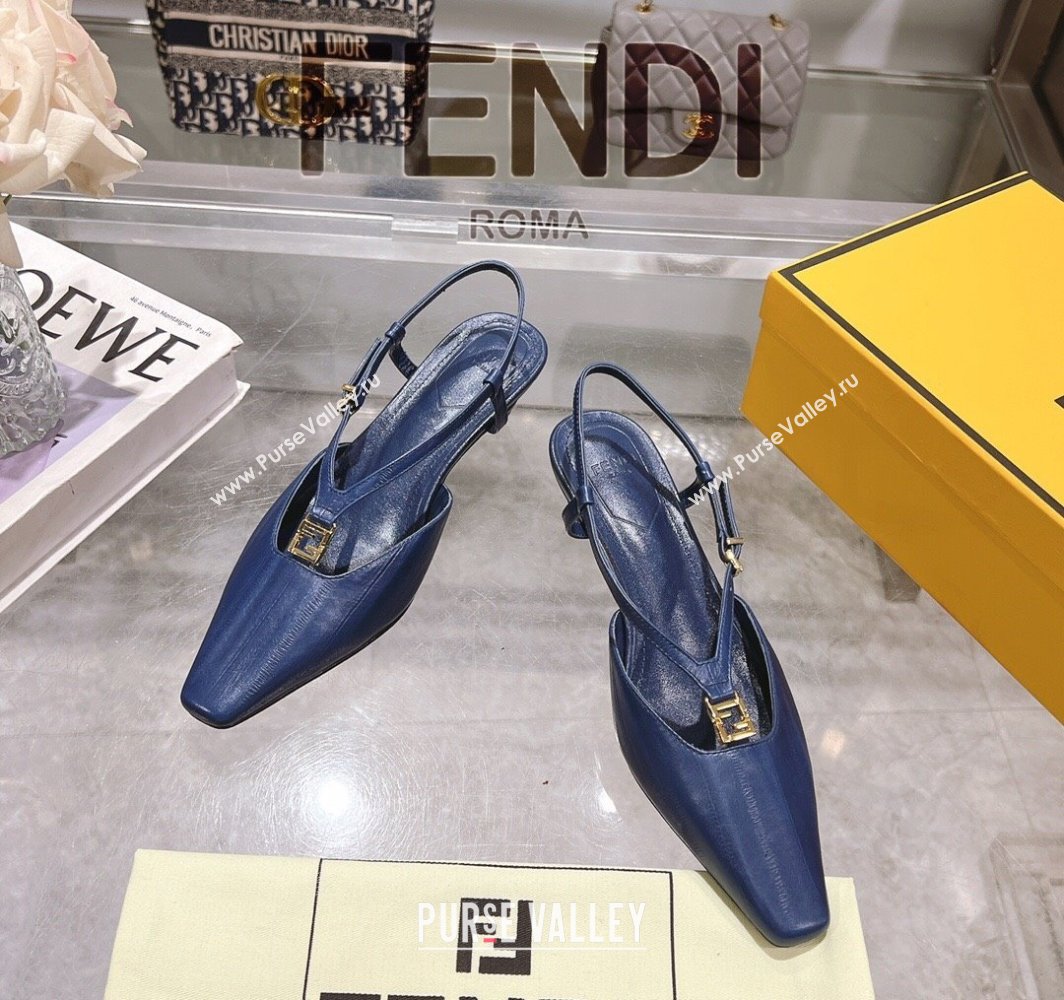 Fendi FFold Slingbacks Heeled Sandals 5cm in Eel Emboosed Leather Navy Blue 2025 (MD-250425149)