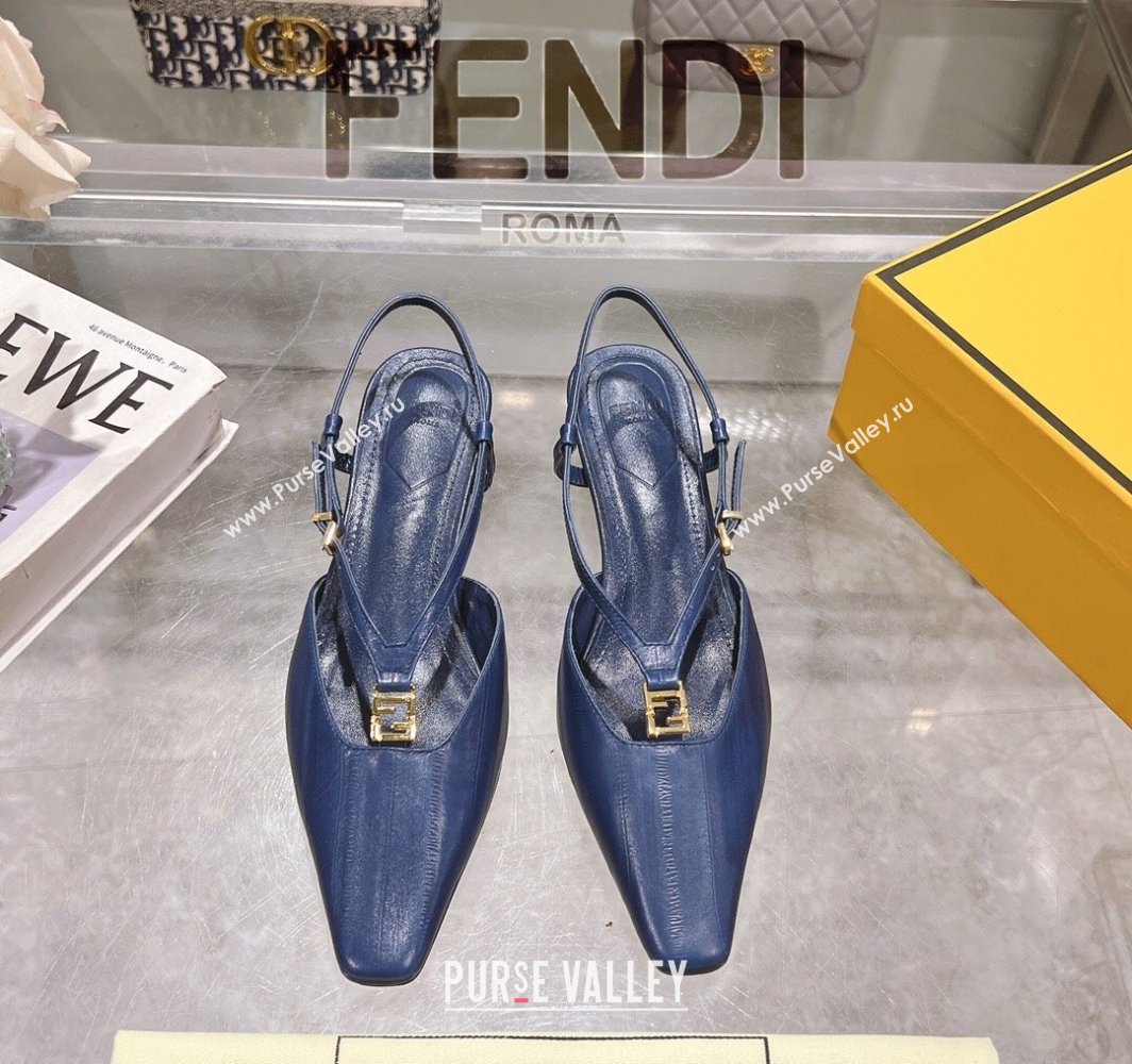 Fendi FFold Slingbacks Heeled Sandals 5cm in Eel Emboosed Leather Navy Blue 2025 (MD-250425149)