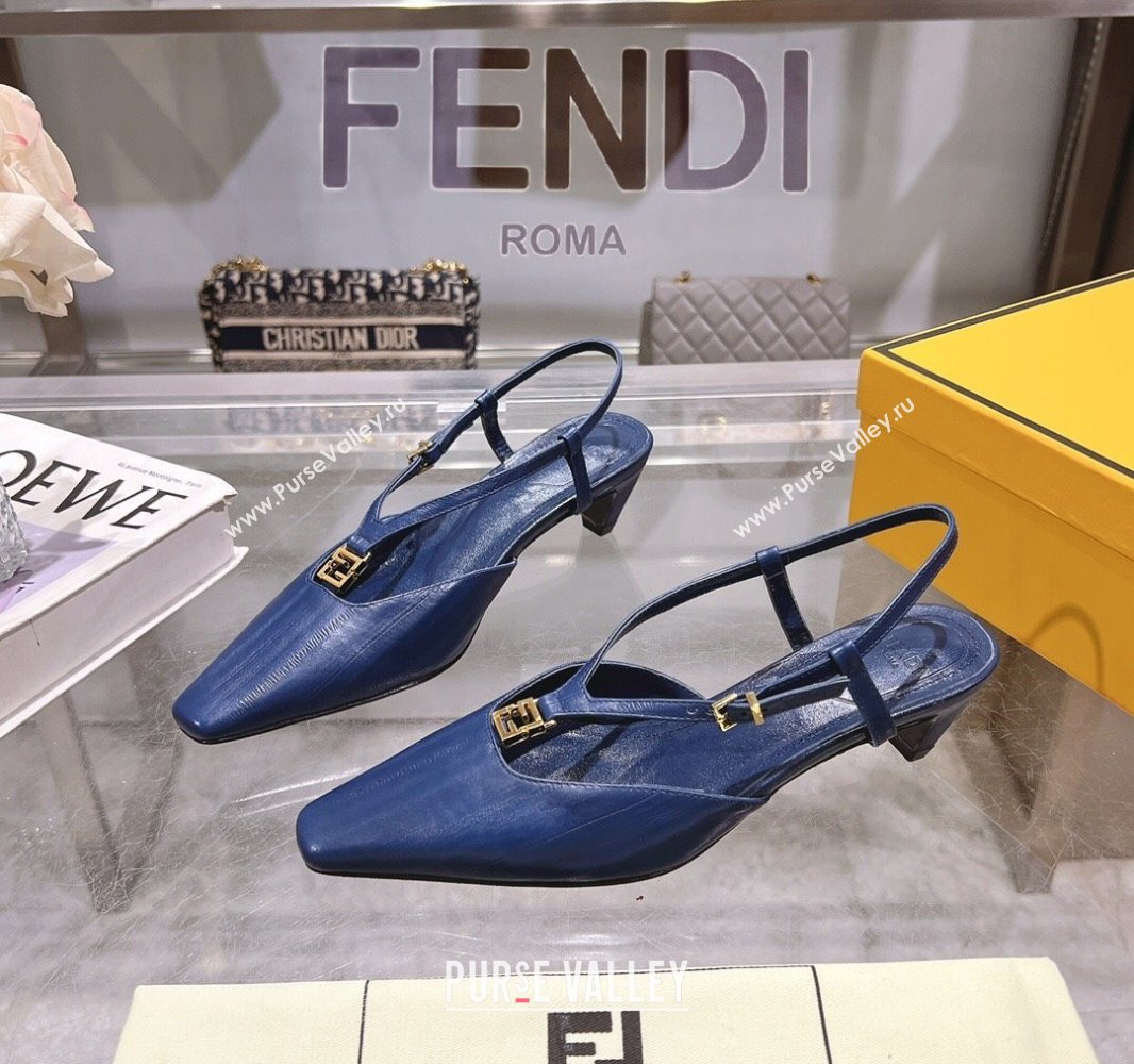 Fendi FFold Slingbacks Heeled Sandals 5cm in Eel Emboosed Leather Navy Blue 2025 (MD-250425149)