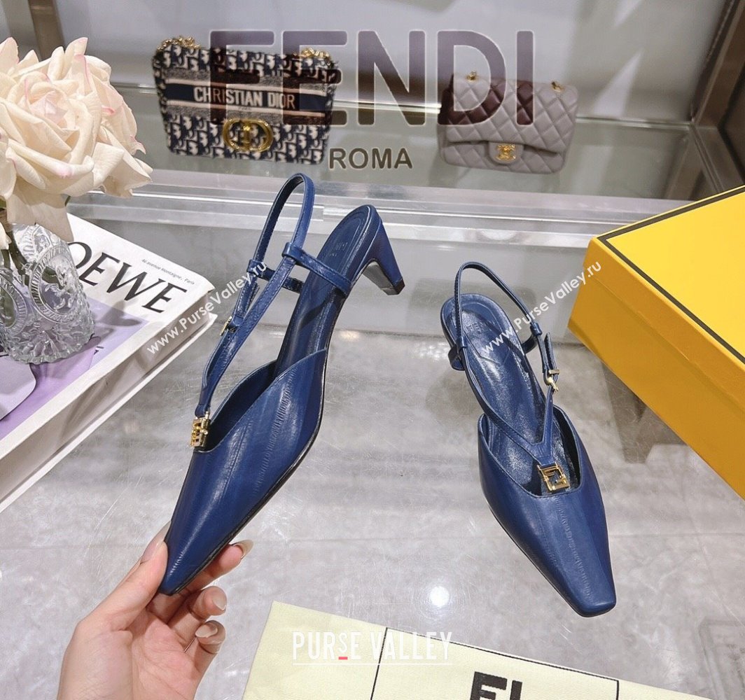 Fendi FFold Slingbacks Heeled Sandals 5cm in Eel Emboosed Leather Navy Blue 2025 (MD-250425149)