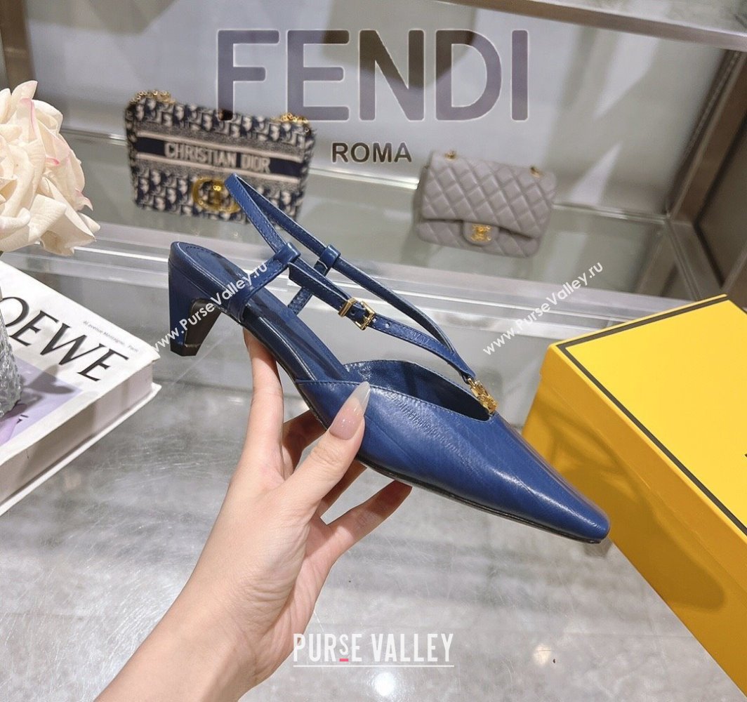 Fendi FFold Slingbacks Heeled Sandals 5cm in Eel Emboosed Leather Navy Blue 2025 (MD-250425149)