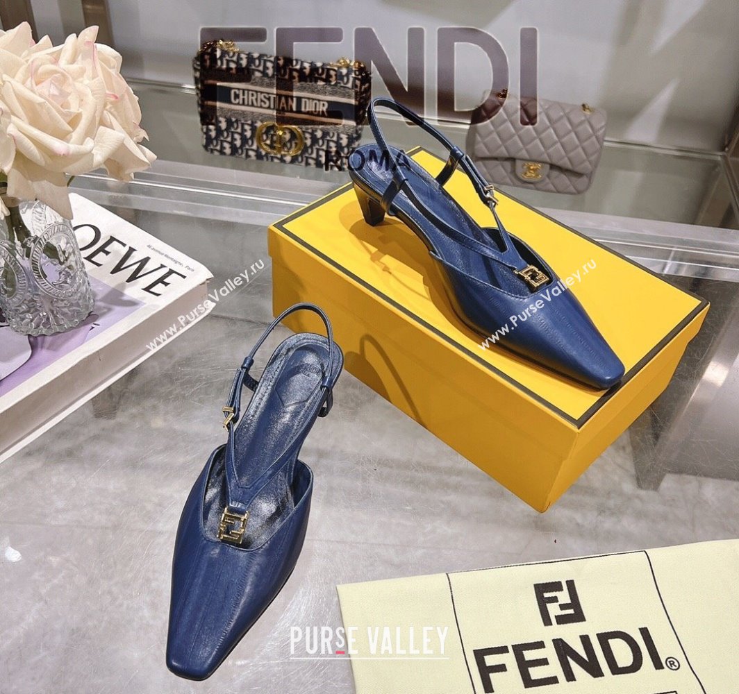 Fendi FFold Slingbacks Heeled Sandals 5cm in Eel Emboosed Leather Navy Blue 2025 (MD-250425149)