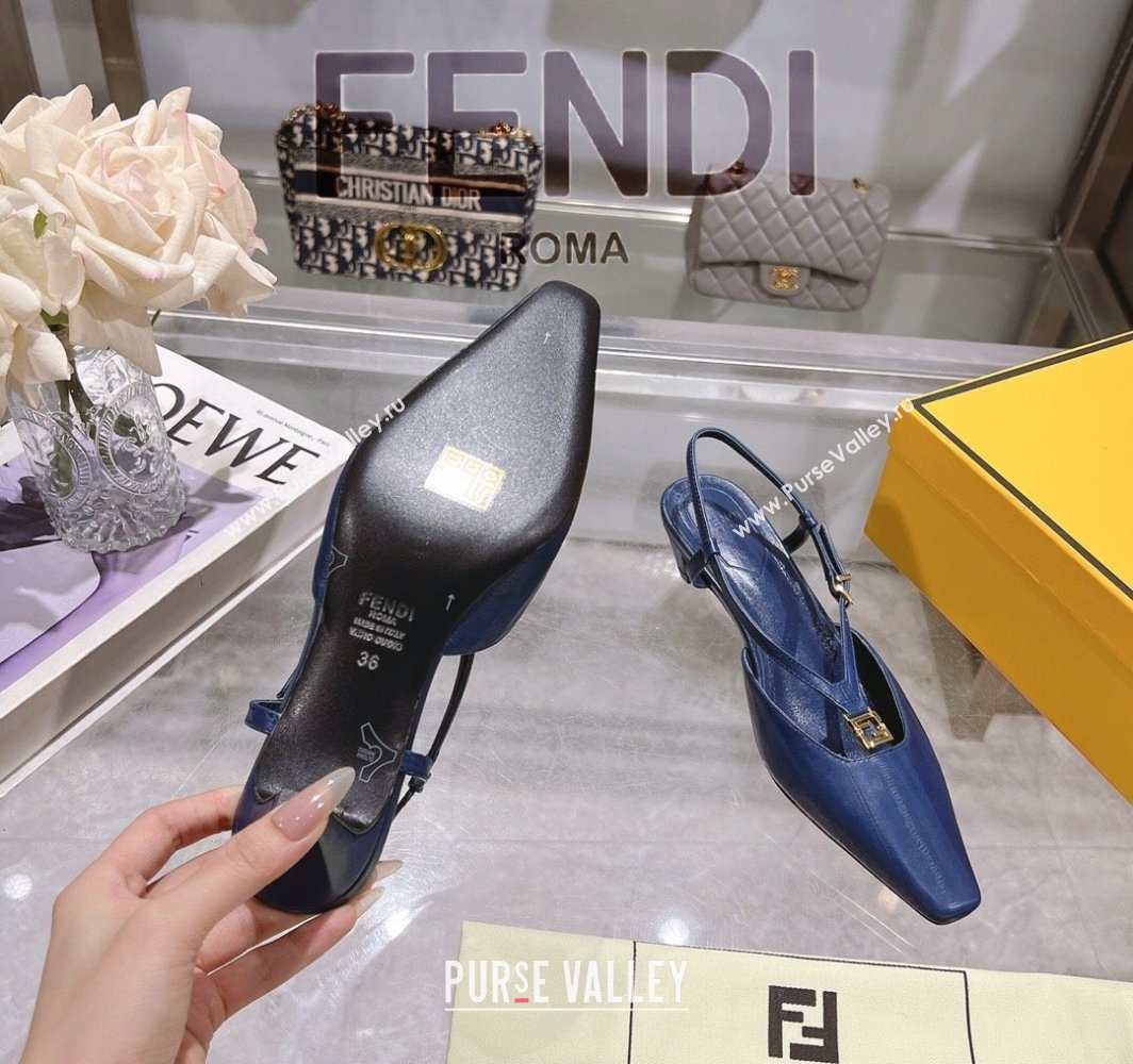 Fendi FFold Slingbacks Heeled Sandals 5cm in Eel Emboosed Leather Navy Blue 2025 (MD-250425149)