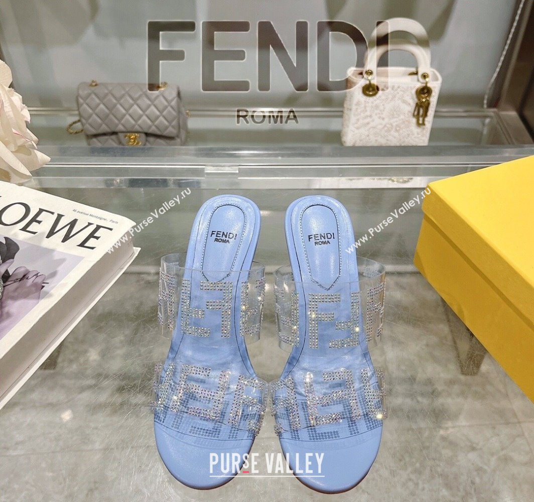 Fendi First Heel Slides Sandal 10cm in Strass FF PVC Light Blue 2025 (MD-250426007)