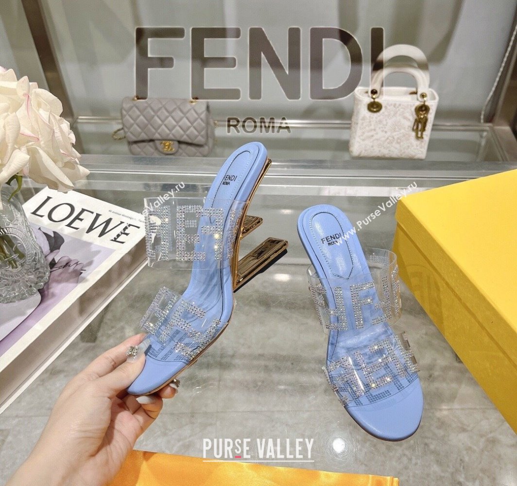 Fendi First Heel Slides Sandal 10cm in Strass FF PVC Light Blue 2025 (MD-250426007)