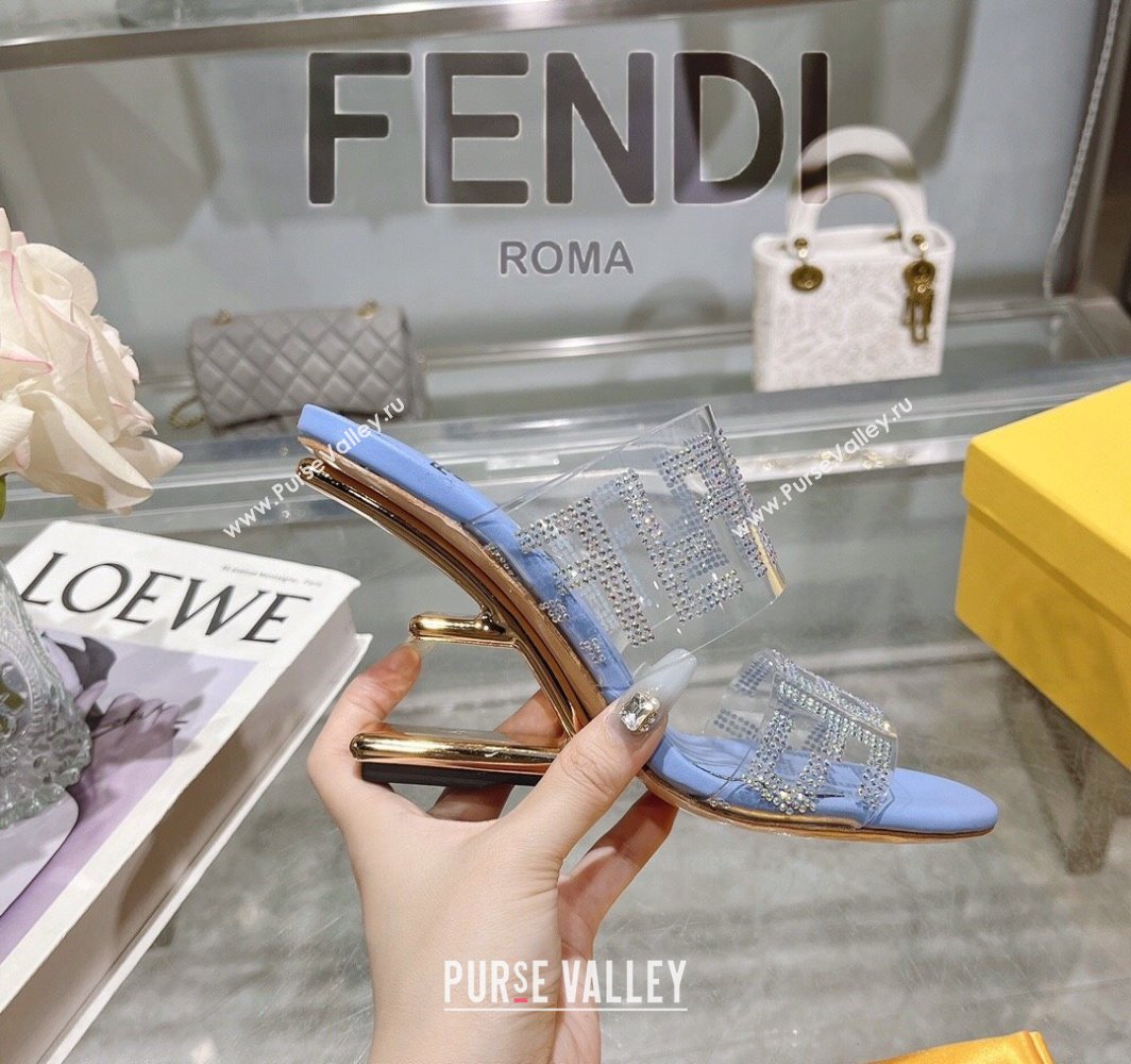 Fendi First Heel Slides Sandal 10cm in Strass FF PVC Light Blue 2025 (MD-250426007)