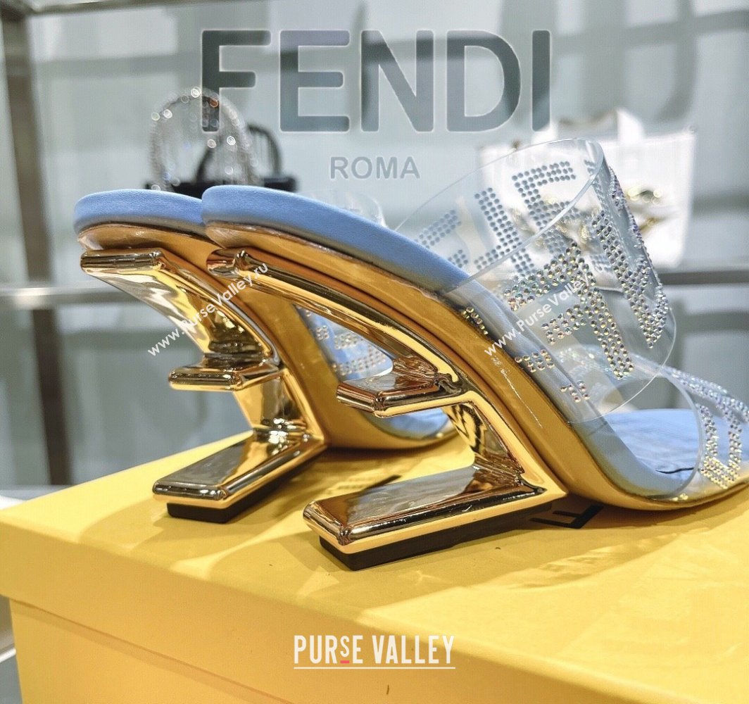 Fendi First Heel Slides Sandal 10cm in Strass FF PVC Light Blue 2025 (MD-250426007)