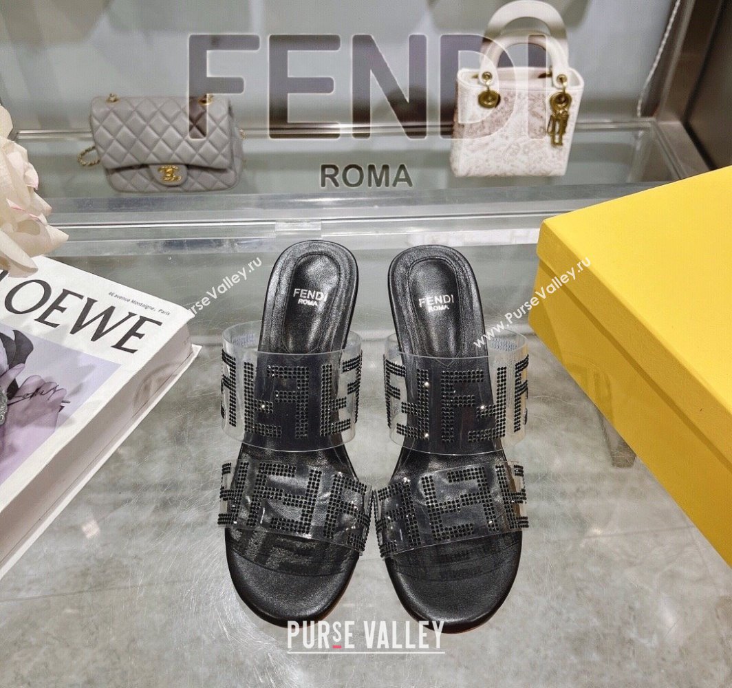 Fendi First Heel Slides Sandal 10cm in Strass FF PVC Black 2025 (MD-250426008)