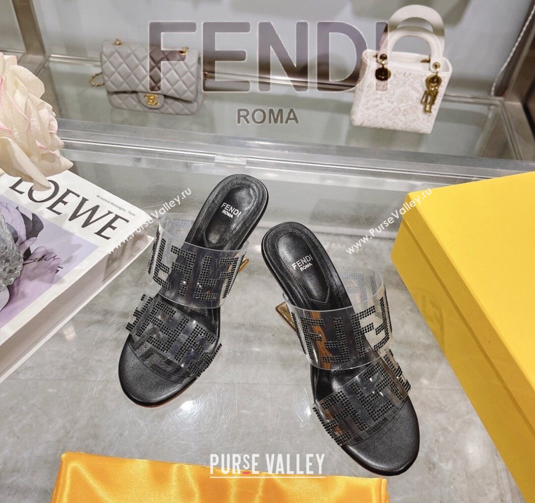Fendi First Heel Slides Sandal 10cm in Strass FF PVC Black 2025 (MD-250426008)
