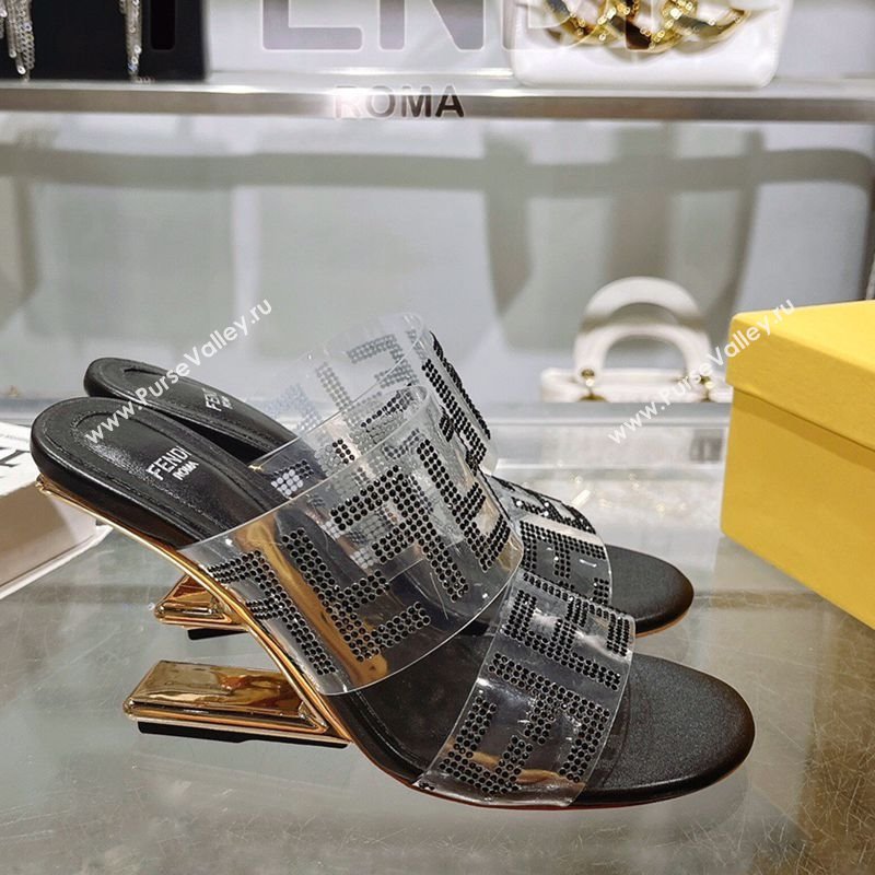 Fendi First Heel Slides Sandal 10cm in Strass FF PVC Black 2025 (MD-250426008)