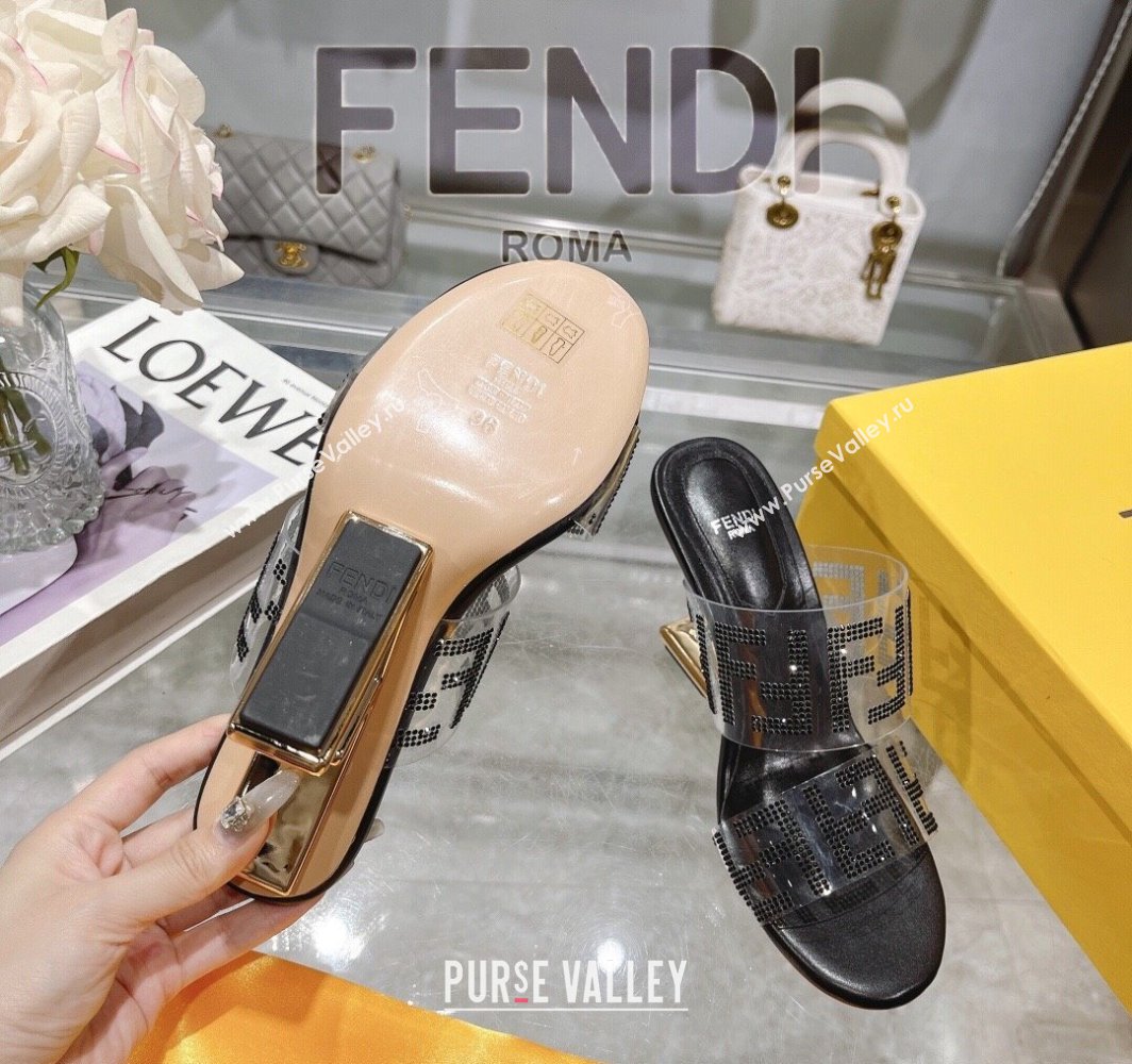 Fendi First Heel Slides Sandal 10cm in Strass FF PVC Black 2025 (MD-250426008)