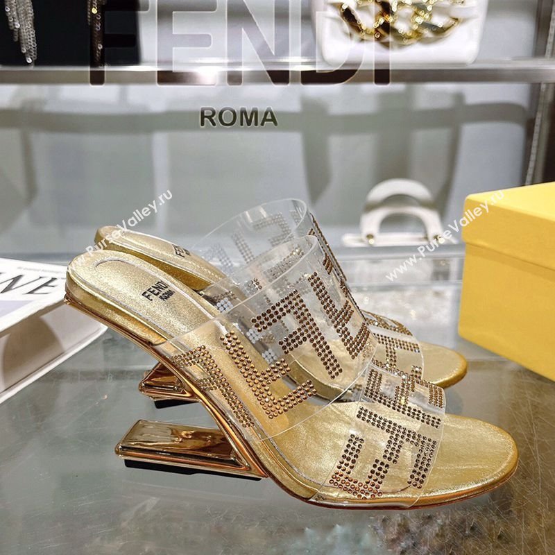 Fendi First Heel Slides Sandal 10cm in Strass FF PVC Yellow Gold 2025 (MD-250426009)
