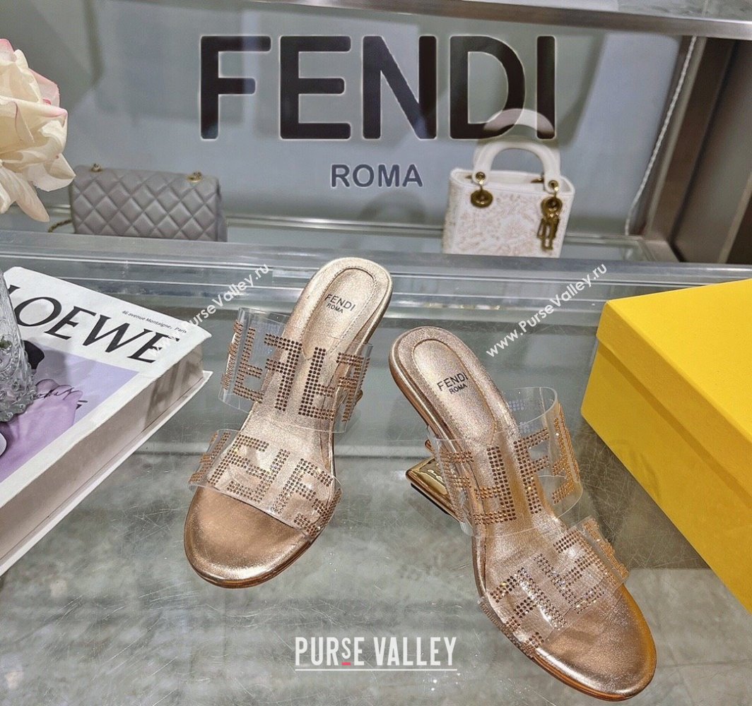 Fendi First Heel Slides Sandal 10cm in Strass FF PVC Rose Gold 2025 (MD-250426010)