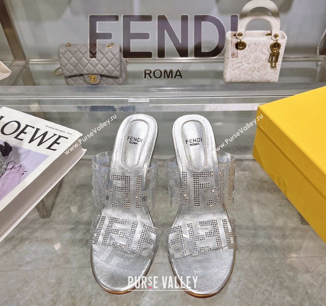 Fendi First Heel Slides Sandal 10cm in Strass FF PVC Silver 2025 (MD-250426011)