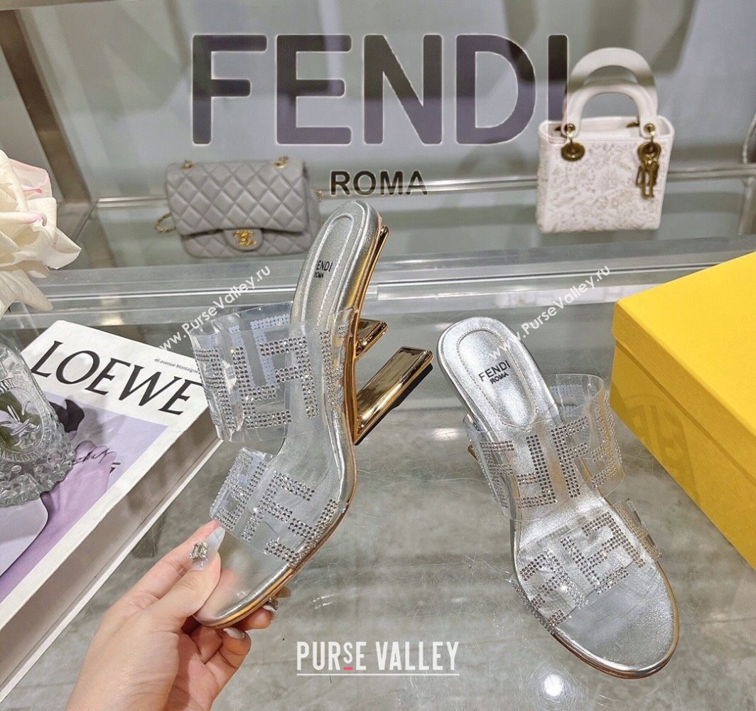 Fendi First Heel Slides Sandal 10cm in Strass FF PVC Silver 2025 (MD-250426011)