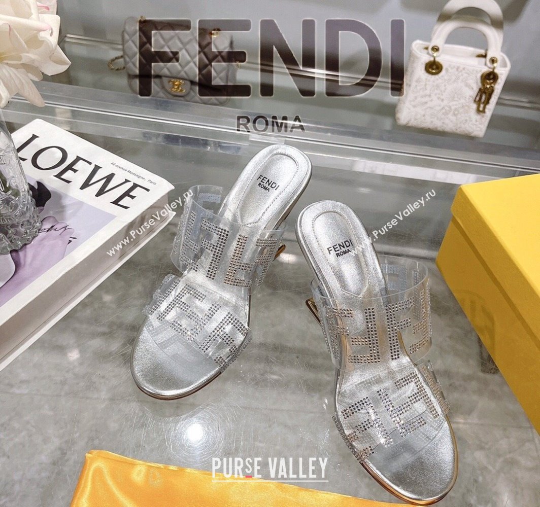 Fendi First Heel Slides Sandal 10cm in Strass FF PVC Silver 2025 (MD-250426011)