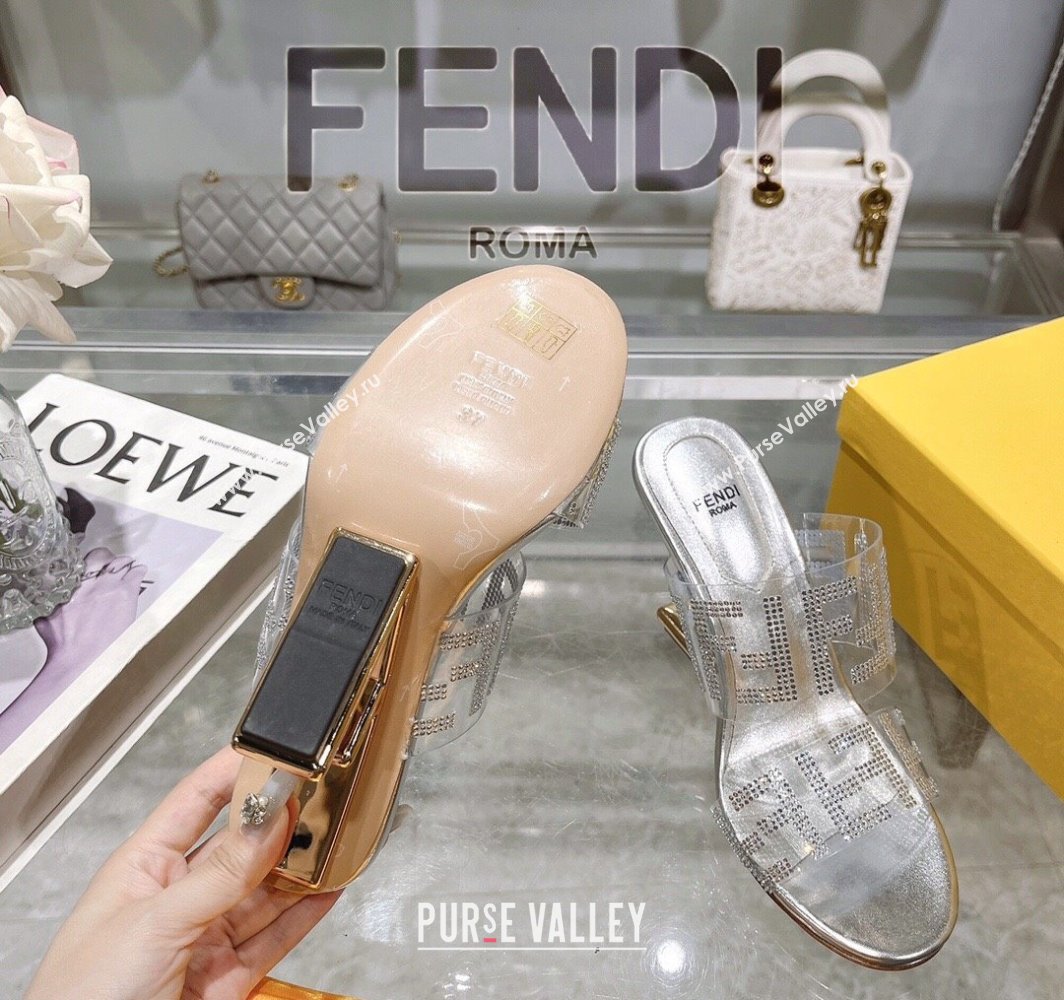 Fendi First Heel Slides Sandal 10cm in Strass FF PVC Silver 2025 (MD-250426011)