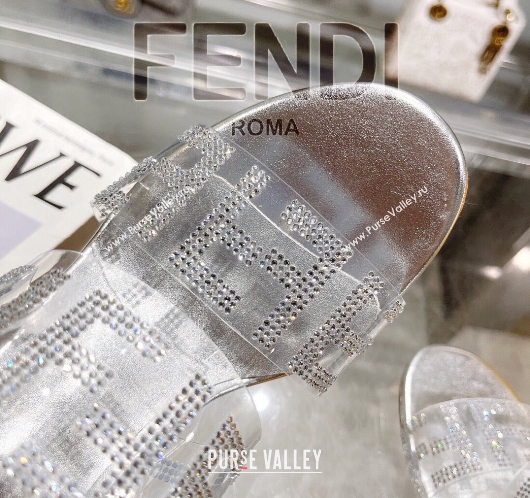 Fendi First Heel Slides Sandal 10cm in Strass FF PVC Silver 2025 (MD-250426011)