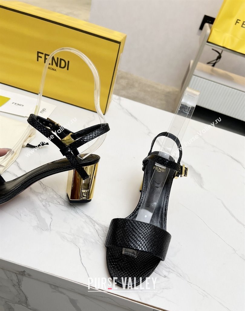 Fendi Delfina Medium Heel Sandals 6cm in Snakeskin Embossed Leather Black 2025 (MD-250425133)