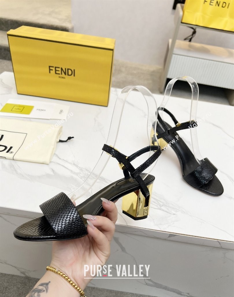 Fendi Delfina Medium Heel Sandals 6cm in Snakeskin Embossed Leather Black 2025 (MD-250425133)