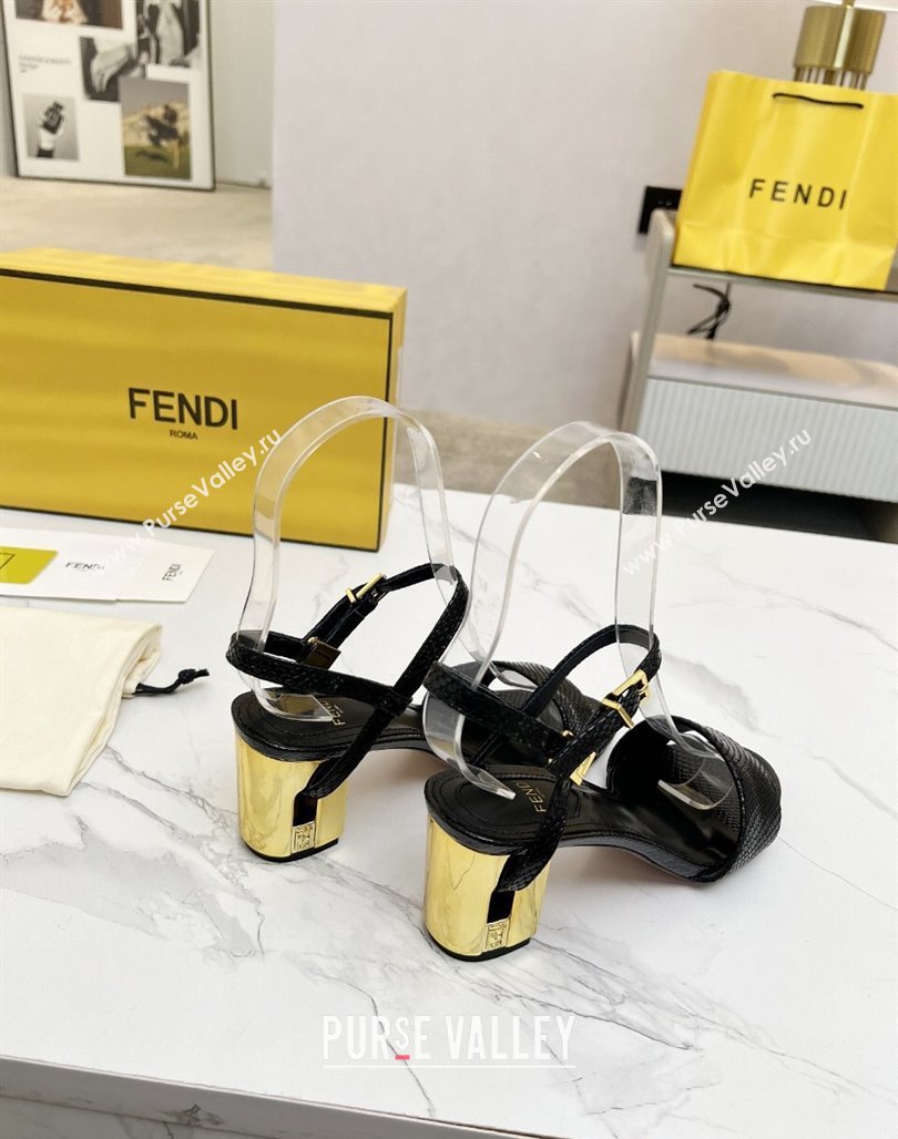 Fendi Delfina Medium Heel Sandals 6cm in Snakeskin Embossed Leather Black 2025 (MD-250425133)