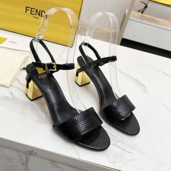 Fendi Delfina Medium Heel Sandals 6cm in Snakeskin Embossed Leather Black 2025 (MD-250425133)