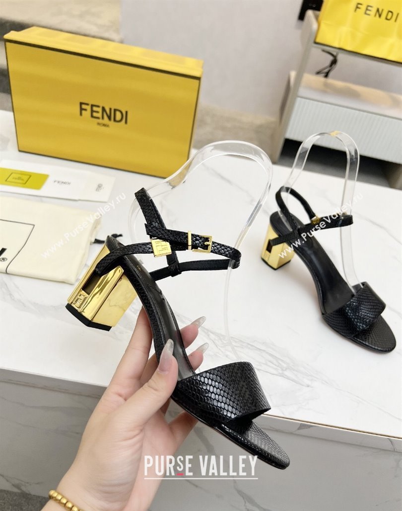 Fendi Delfina Medium Heel Sandals 6cm in Snakeskin Embossed Leather Black 2025 (MD-250425133)