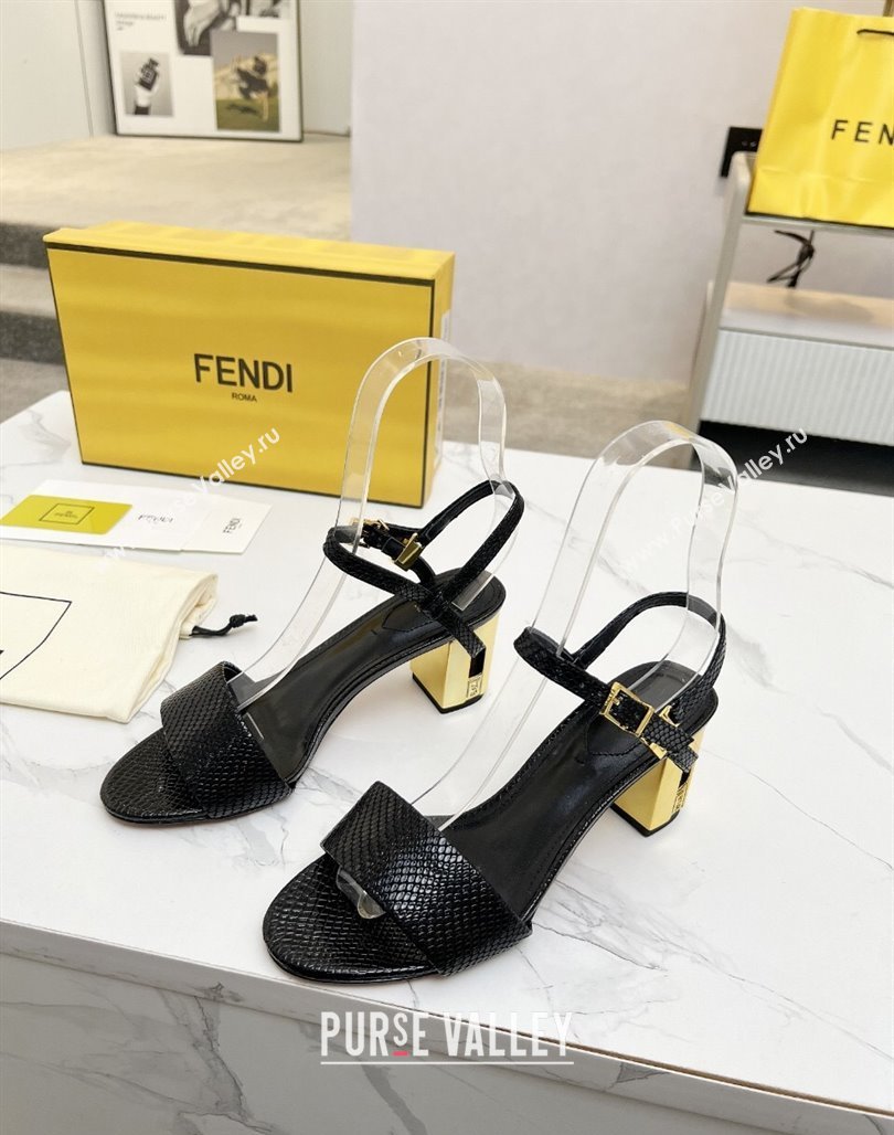 Fendi Delfina Medium Heel Sandals 6cm in Snakeskin Embossed Leather Black 2025 (MD-250425133)