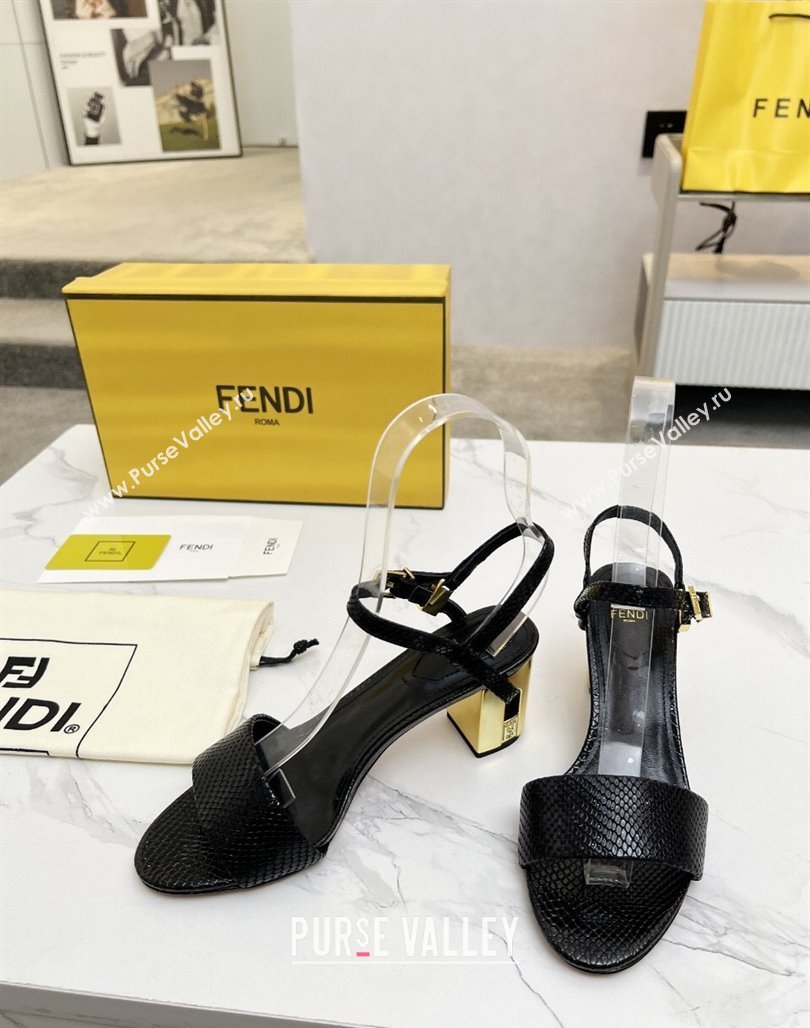 Fendi Delfina Medium Heel Sandals 6cm in Snakeskin Embossed Leather Black 2025 (MD-250425133)