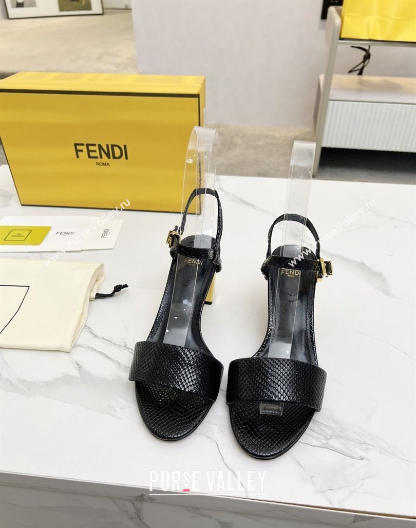 Fendi Delfina Medium Heel Sandals 6cm in Snakeskin Embossed Leather Black 2025 (MD-250425133)