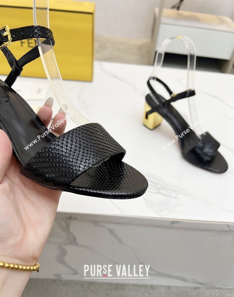Fendi Delfina Medium Heel Sandals 6cm in Snakeskin Embossed Leather Black 2025 (MD-250425133)