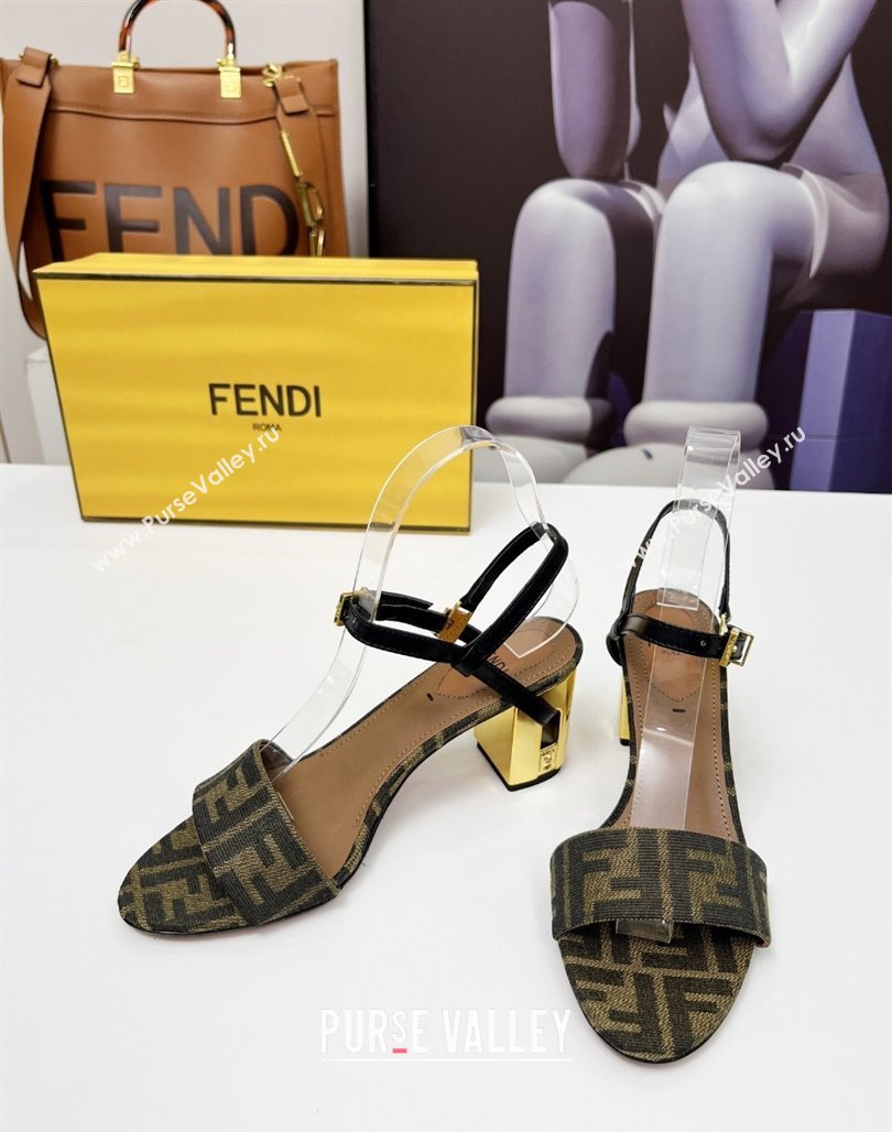 Fendi Delfina Medium Heel Sandals 6cm in Brown FF Jacquard Fabric 2025 (MD-250425134)