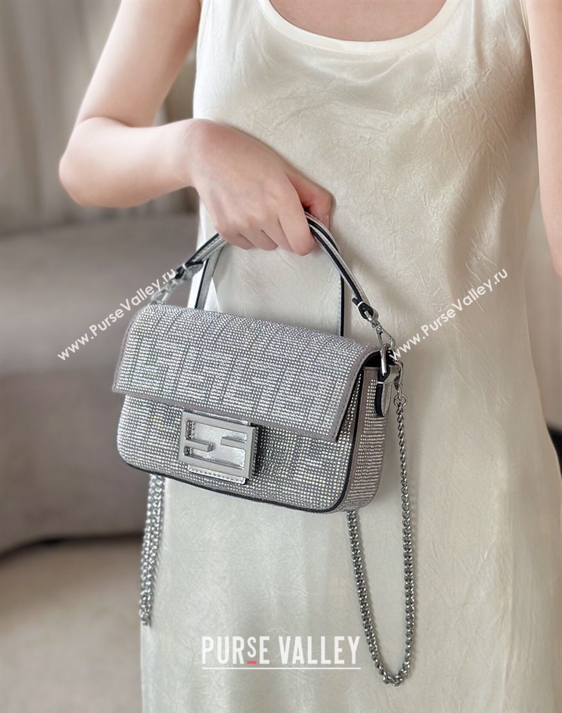 Fendi Baguette Mini Bag in Silver leather and Suede with strass FF motif 2025 8632S (CL-250522010)