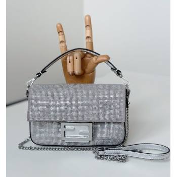 Fendi Baguette Mini Bag in Silver leather and Suede with strass FF motif 2025 8632S (CL-250522010)